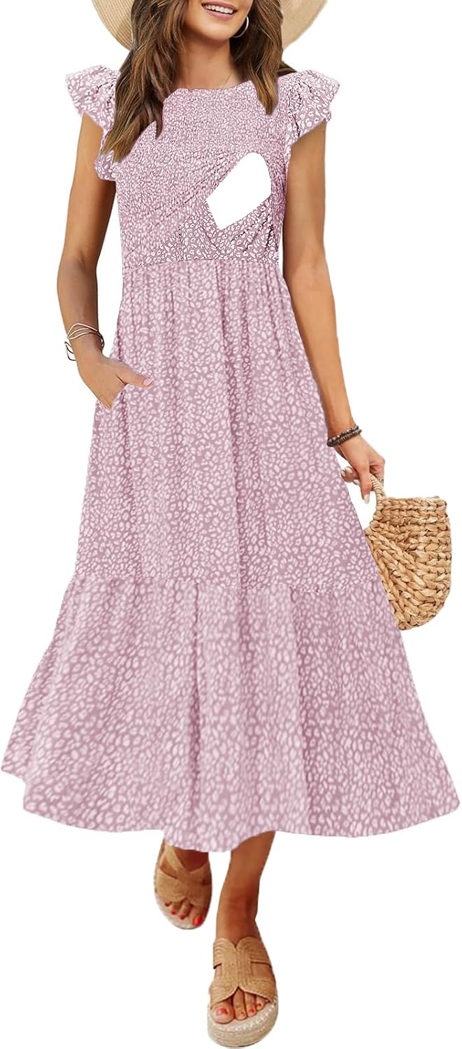 Women's Nursing Dress with Flutter Sleeves and Pockets