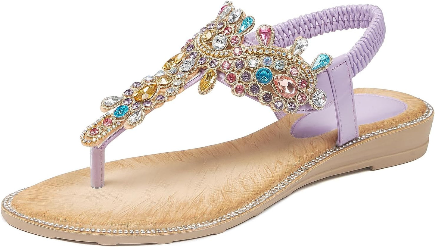 iCKER Women Rhinestone Sandals T-Strap Buckle Bohemian Style