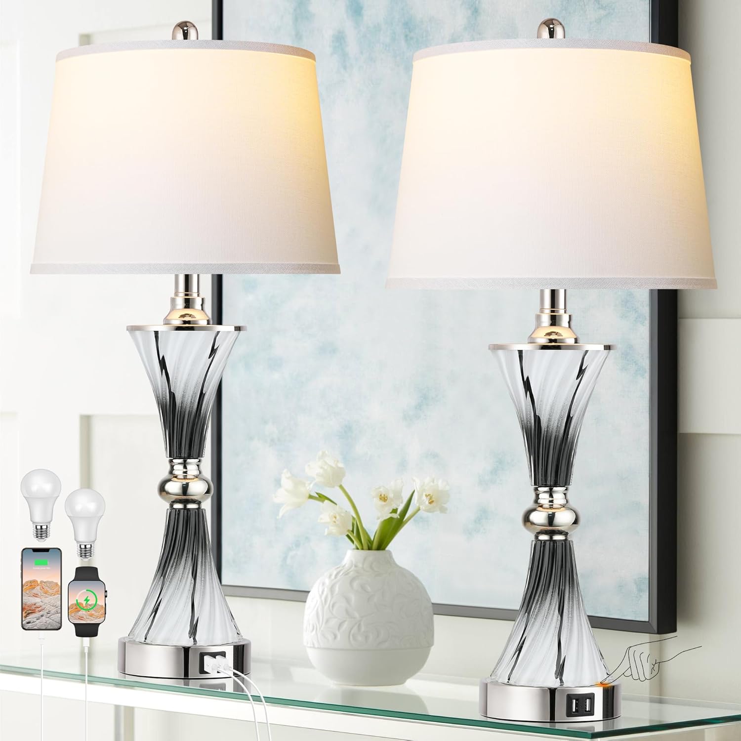 3-Way Dimmable Touch Glass Bedside Table Lamps with USB Ports