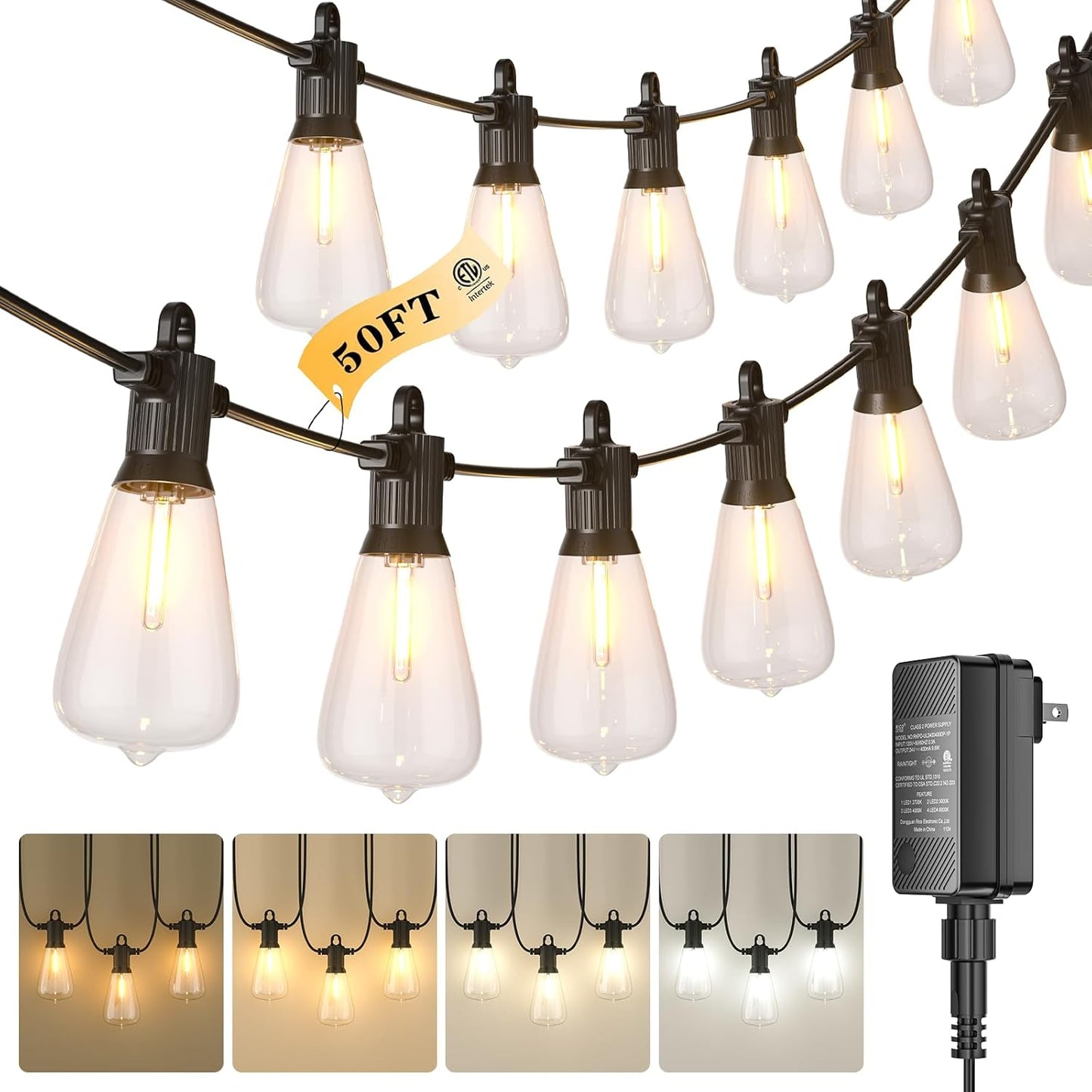 Kawaya Outdoor String Lights for Patio - Dimmable 50FT LED