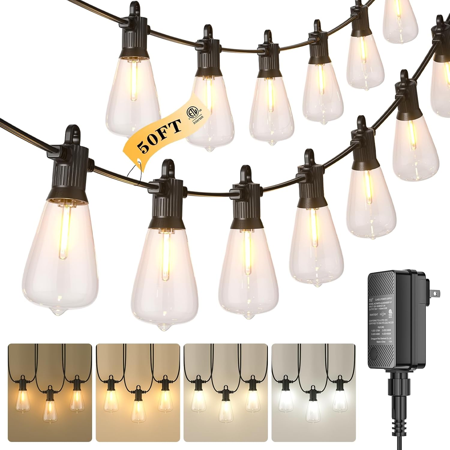 Kawaya Outdoor String Lights for Patio - Dimmable 50FT LED
