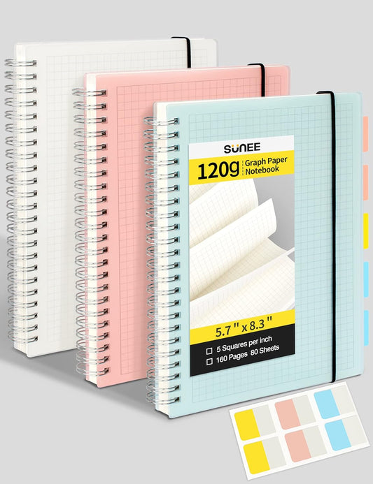 SUNEE Graph Paper Notebook 3-Pack - Grid Ruled, Thick 120gsm Paper, 80 Sheets