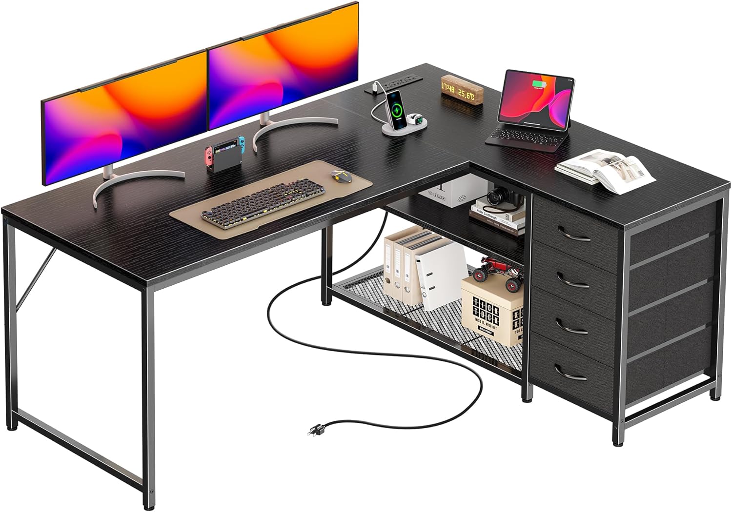 PRAISUN 53 L Shaped Desk with Power Outlets for Gaming Work