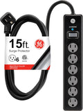 GE 6-Outlet Surge Protector 15 ft Power Strip - 800 Joules Protection
