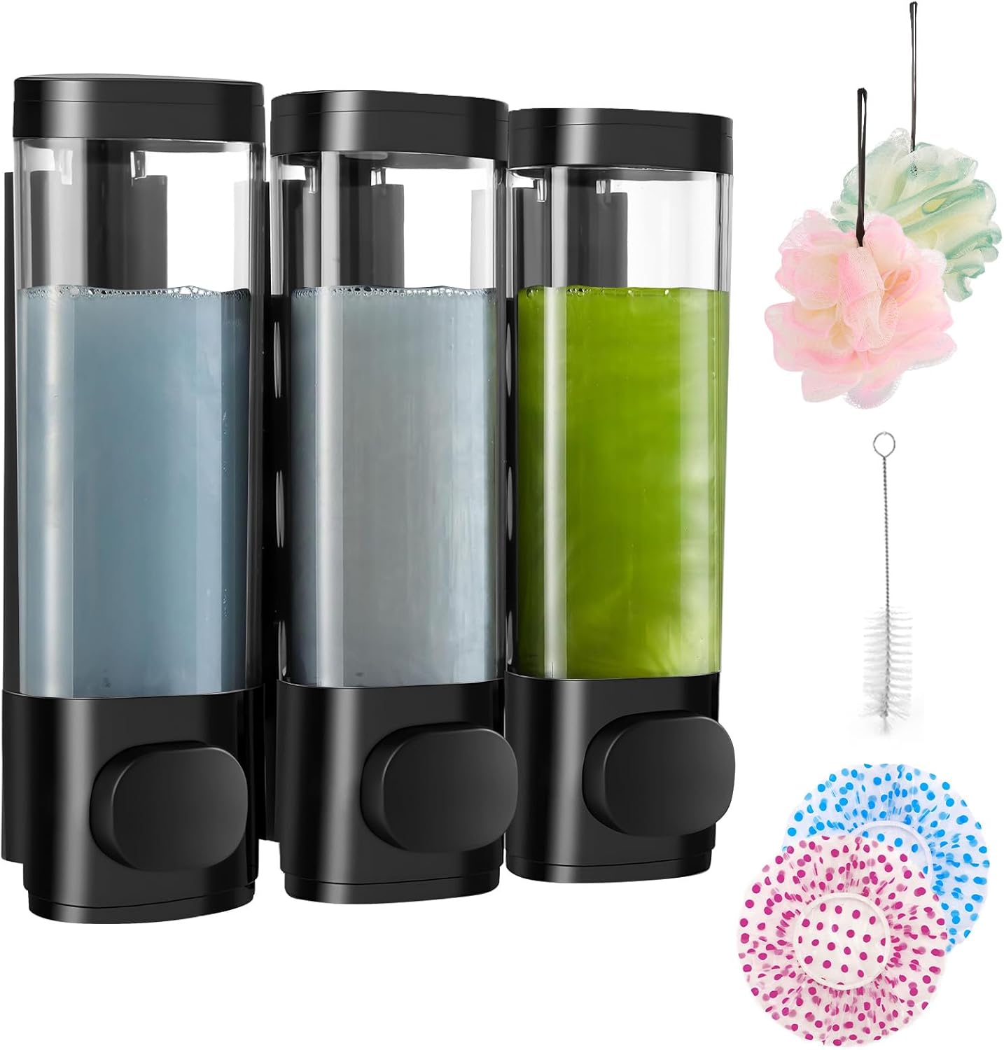 No Drill 3-Chamber Soap Dispenser Set - Easy Pump, No Leaks! (Black)