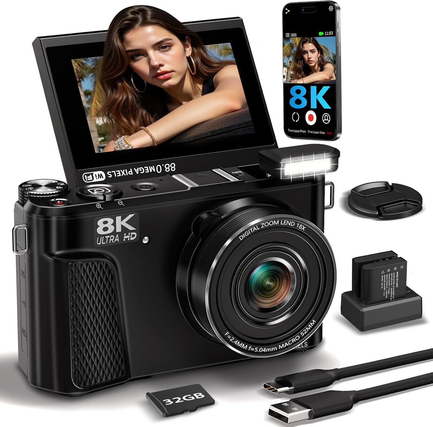 8K Digital Camera with 88MP for Vlogging and Photography