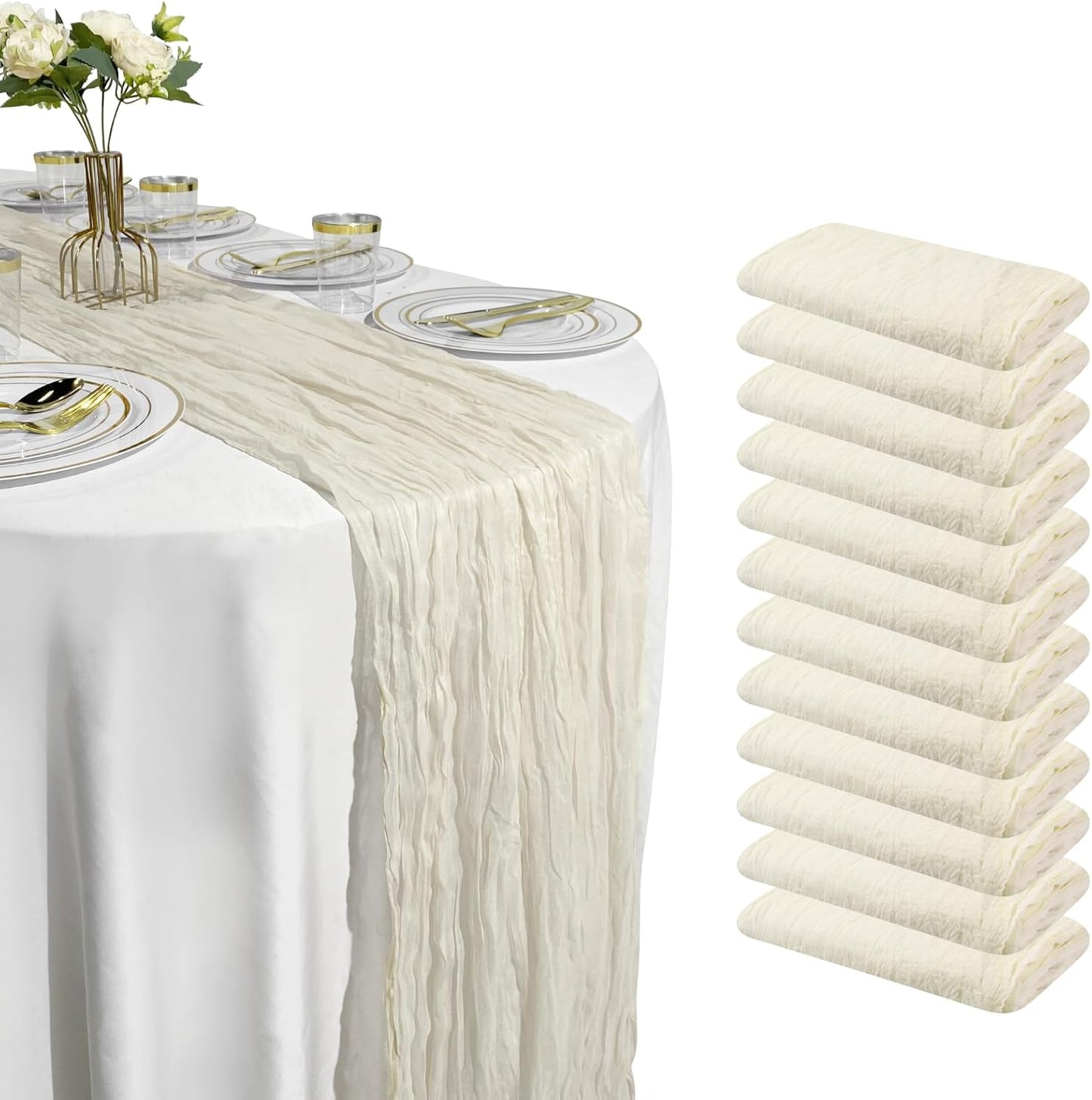 12 Pack Beige Cheesecloth Table Runners for Chic Events