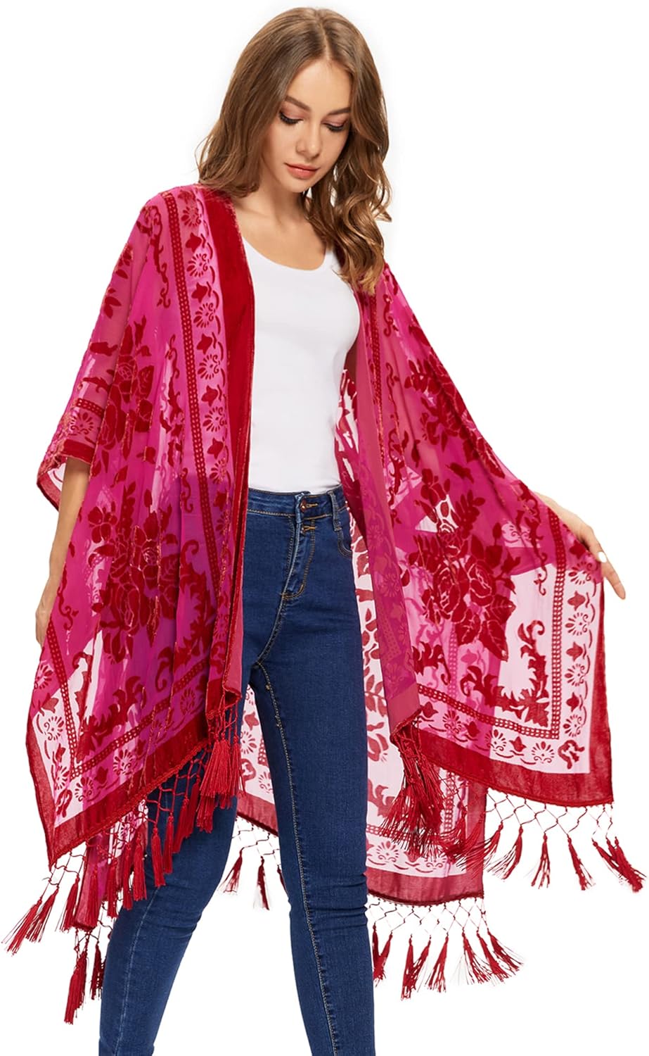MJ SERECA Women's Burnout Velvet Kimono Long Cardigan Cover Up