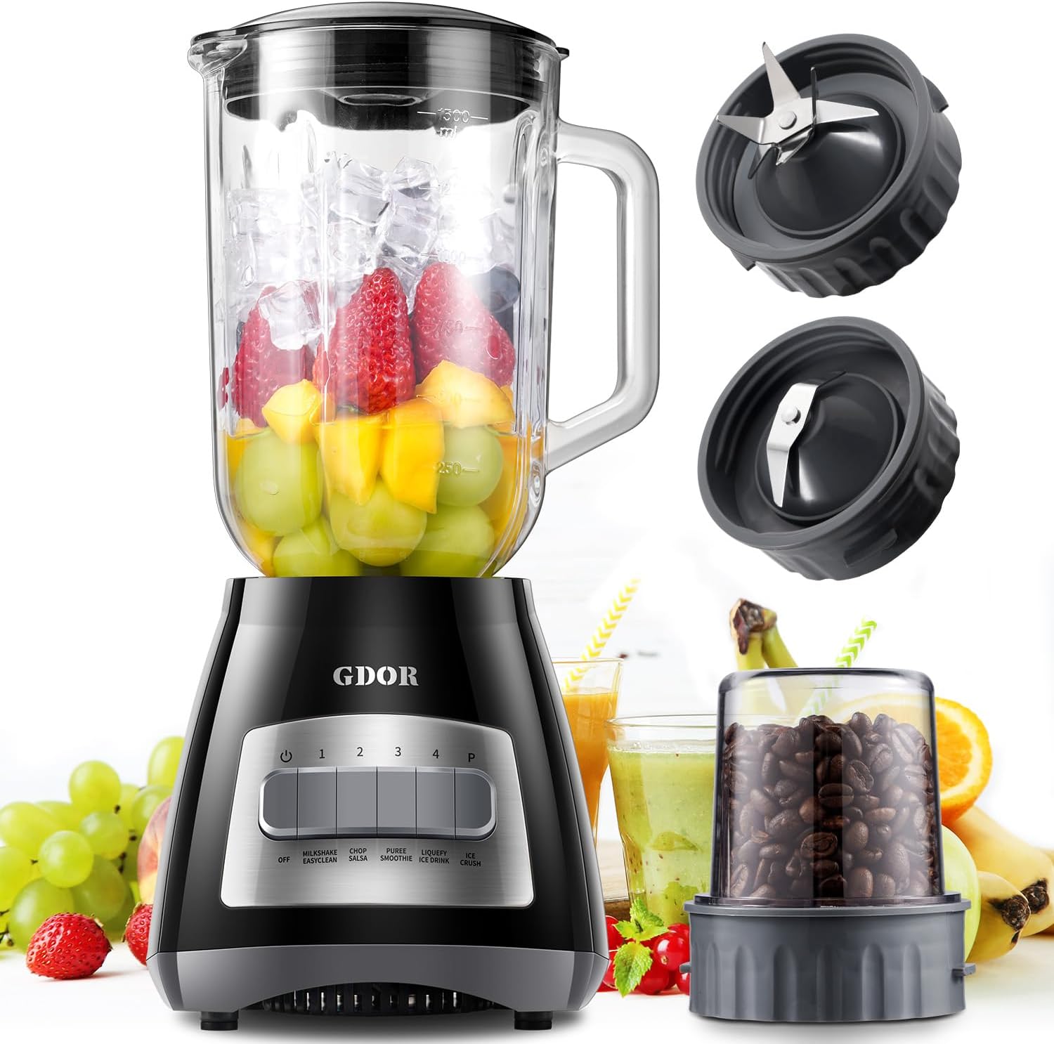 GDOR Blenders for Smoothies with 52 Oz Glass Jar and Grinder