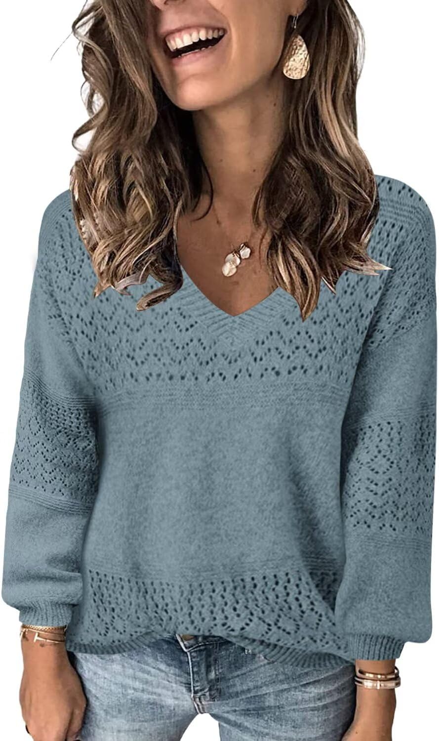 FEKOAFE Womens V Neck Long Sleeve Hollow Knit Pullover Sweater