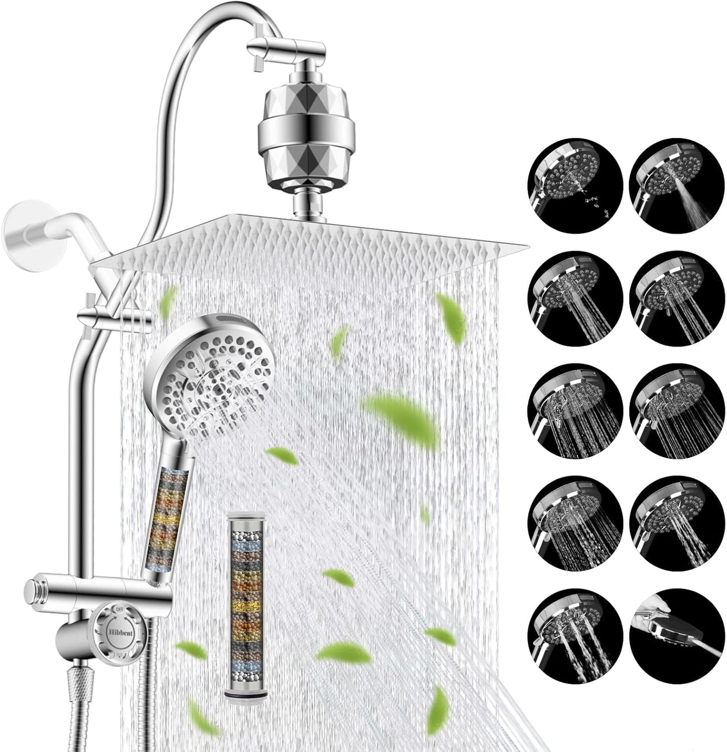 Hibbent Dual Filter All Metal 12in Rainfall Showerhead Combo