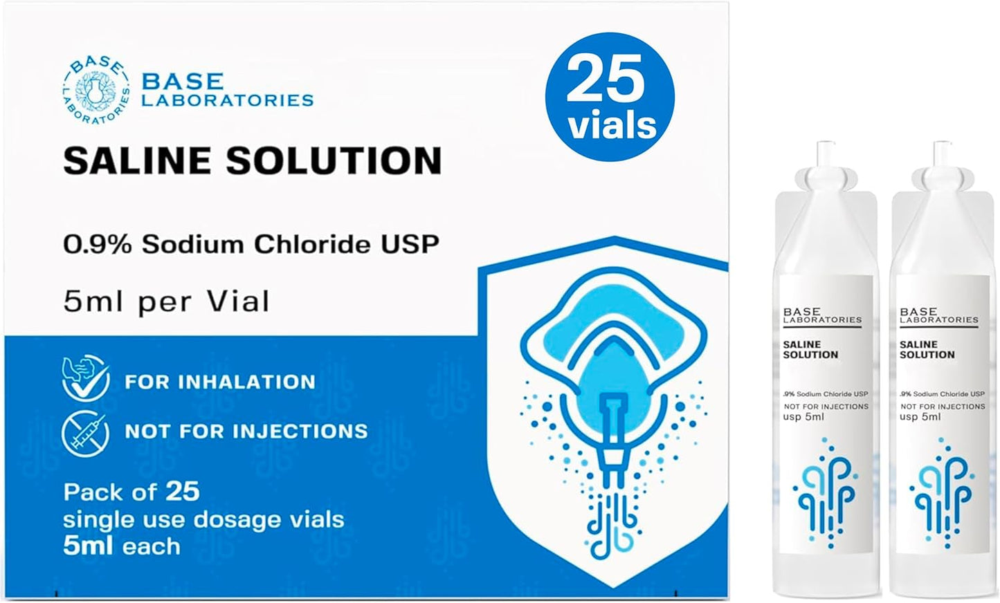 BASE LABORATORIES 0.9% Saline Solution for Nebulizer | Inhalation & Nasal Irrigation | 25x 5ml Vials
