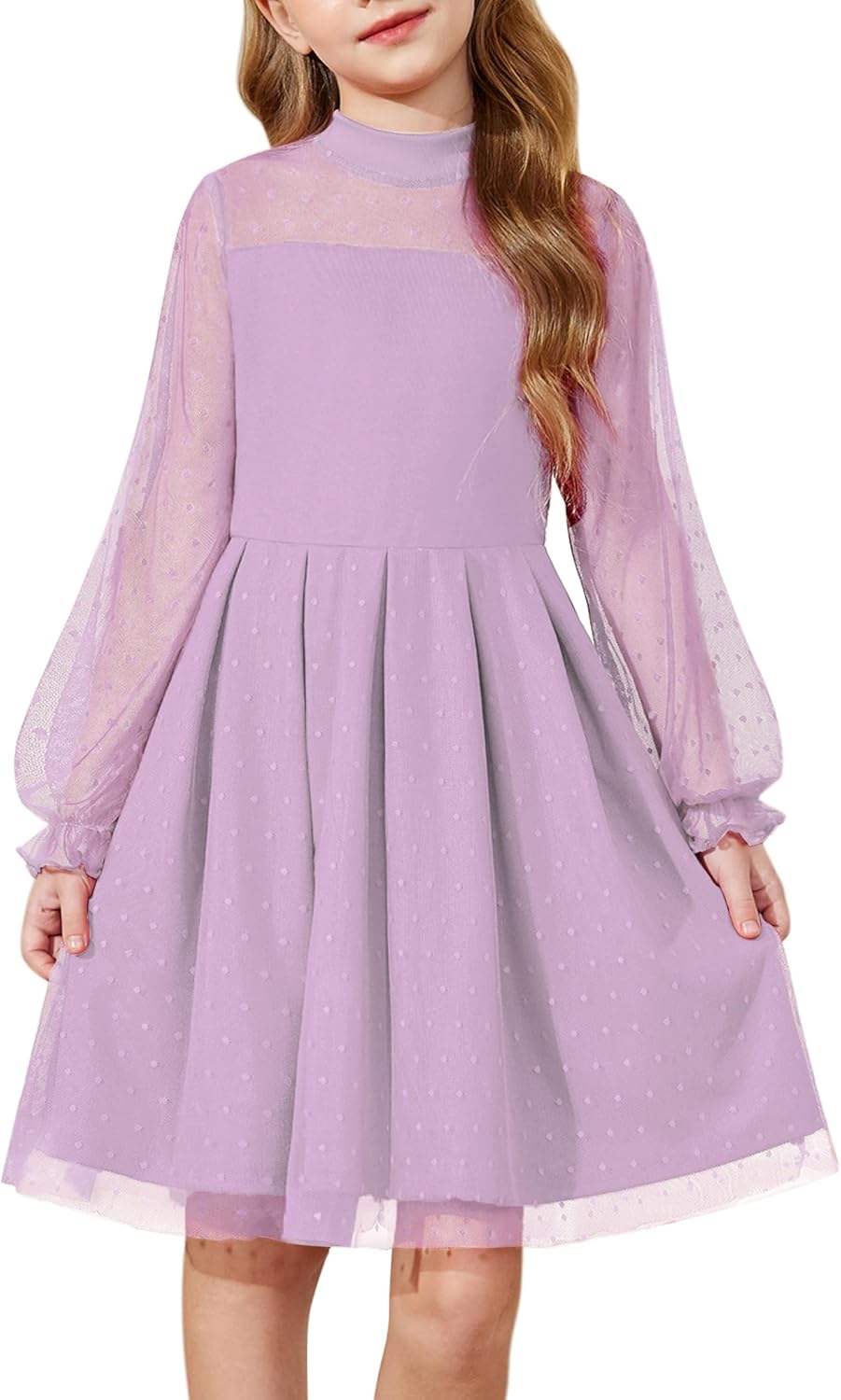 Arshiner Girls Dresses Contrast Mesh Puff Long Sleeve A Line