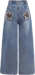 Girl's Bow Print High Waist Wide Leg Denim Pants - Comfortable Fit