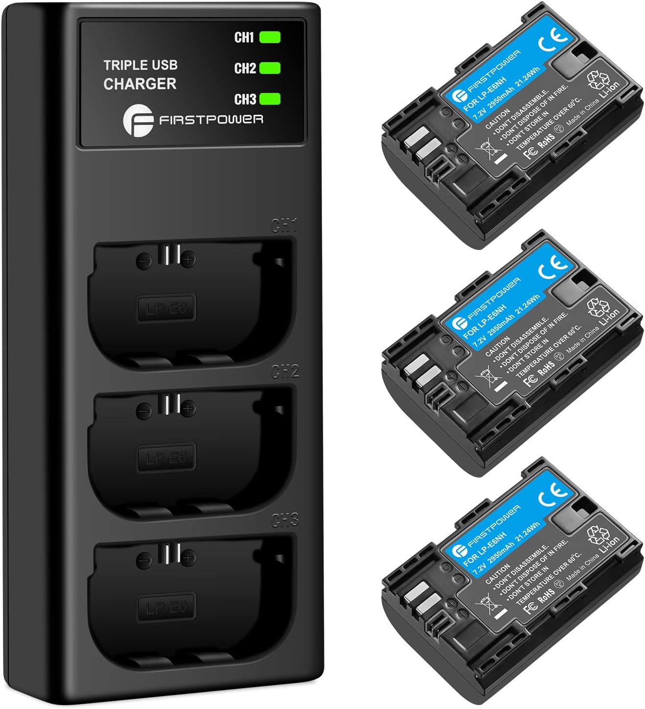 FirstPower LP-E6NH Battery 3-Pack with Triple Slot Charger