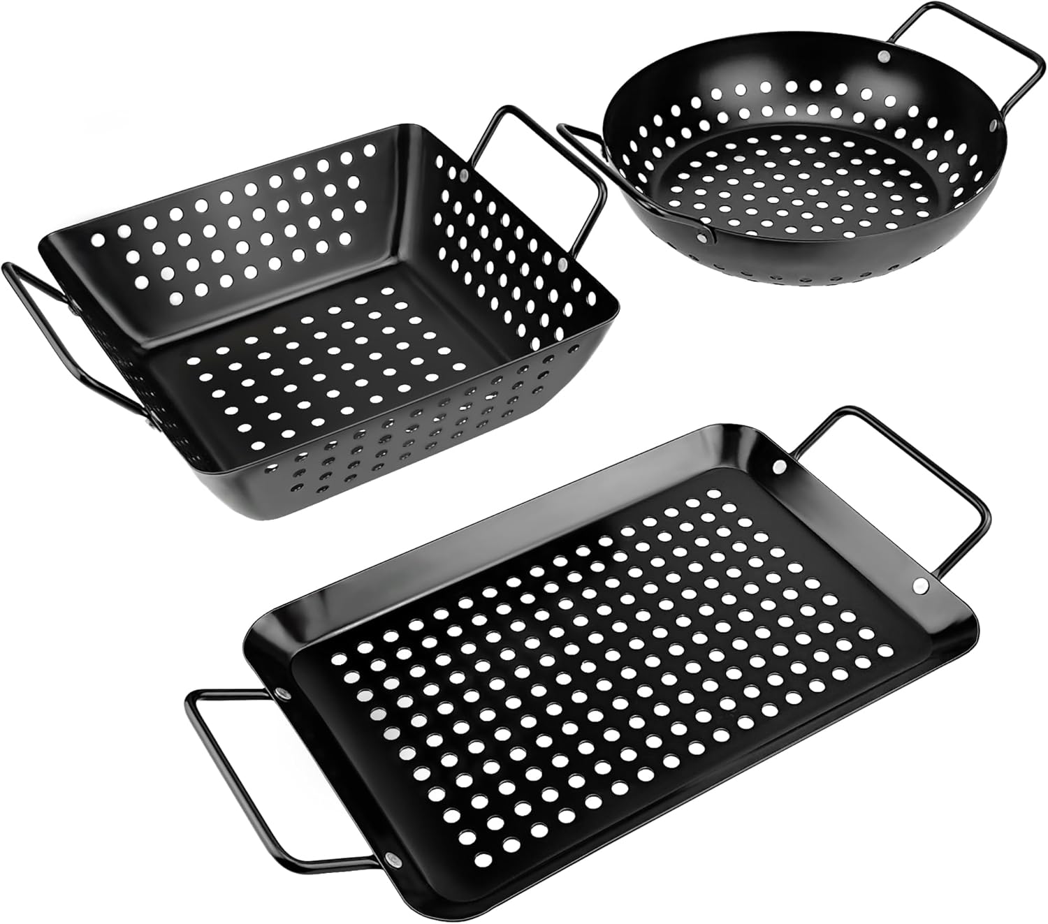 Small Non-Stick 3 Piece Grill Basket Set for Easy BBQ Grilling