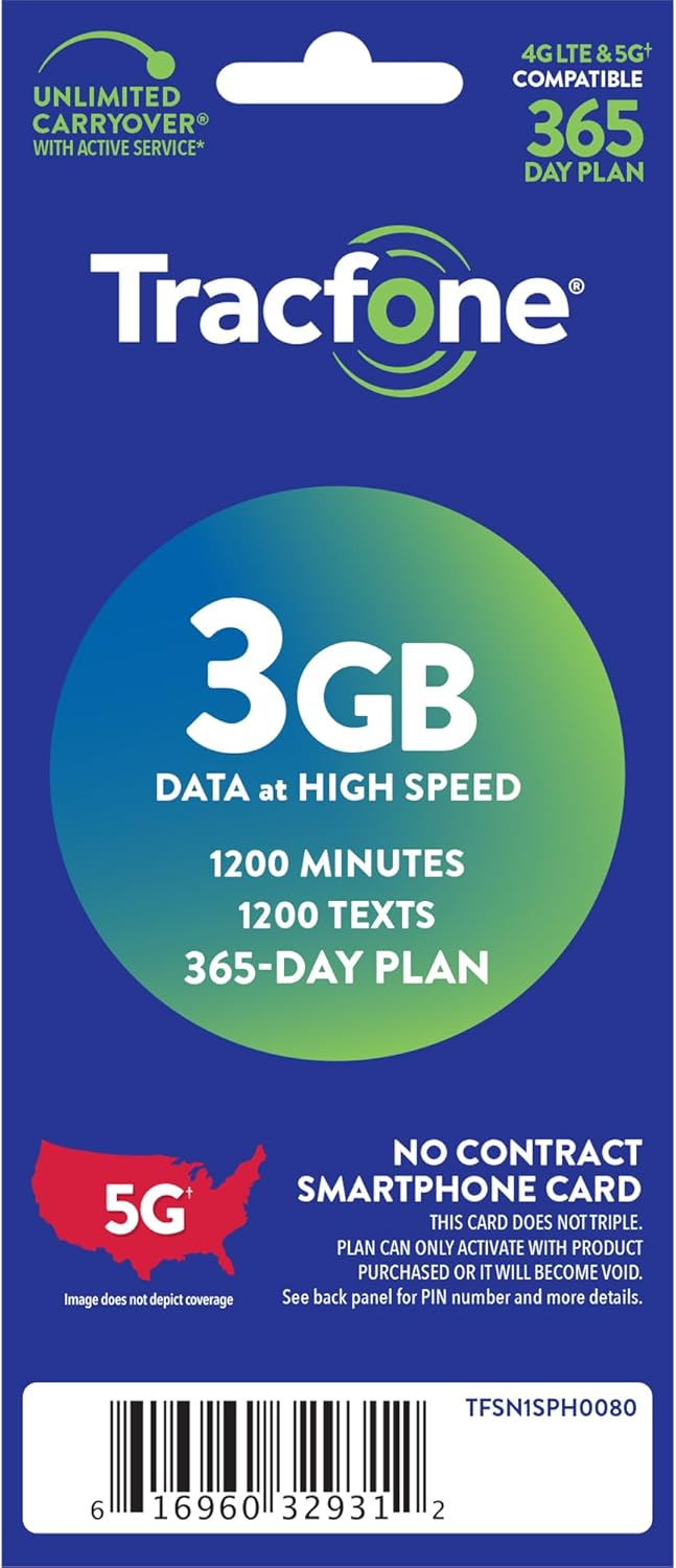 Tracfone $60 Plan with 1200 Min, 1200 Texts, and 3GB Data