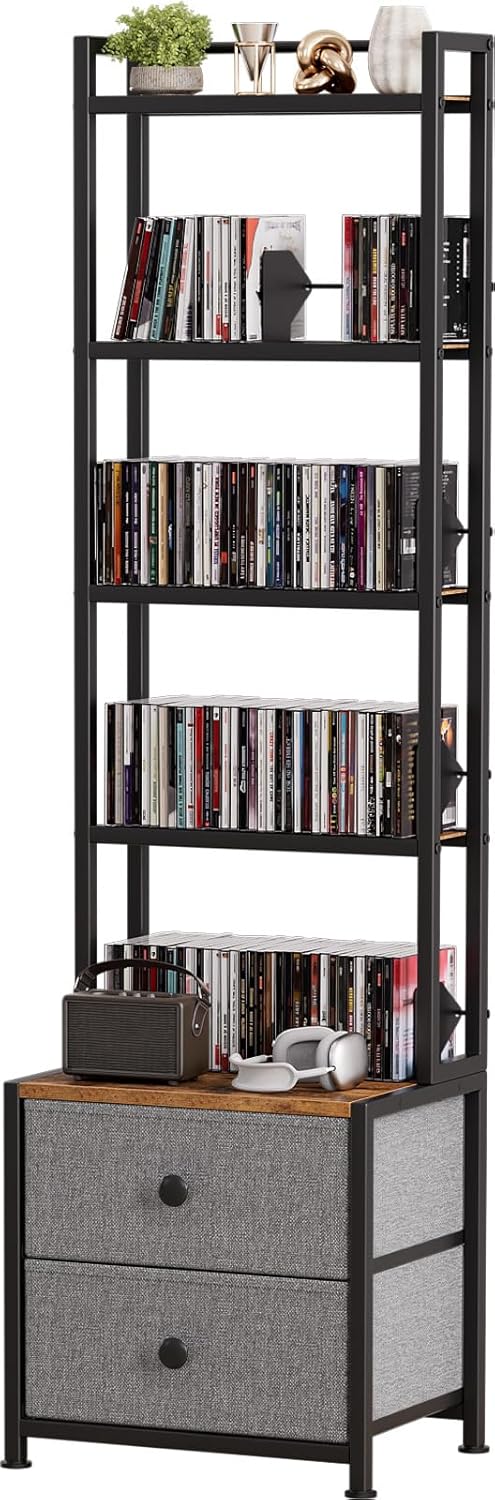 CD Storage Rack with Drawer, 5-Tier Media Organizer Shelf