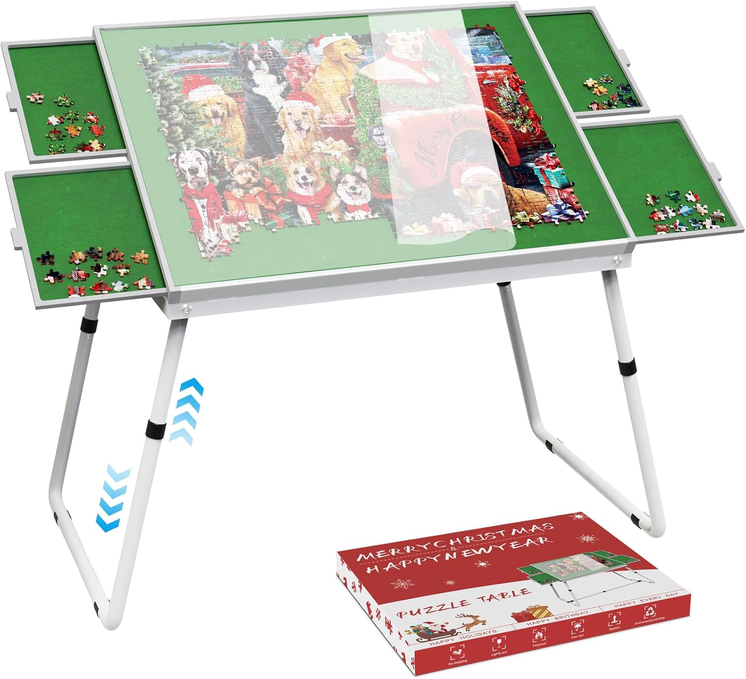 Adjustable Height Jigsaw Puzzle Table with Drawers and Cover