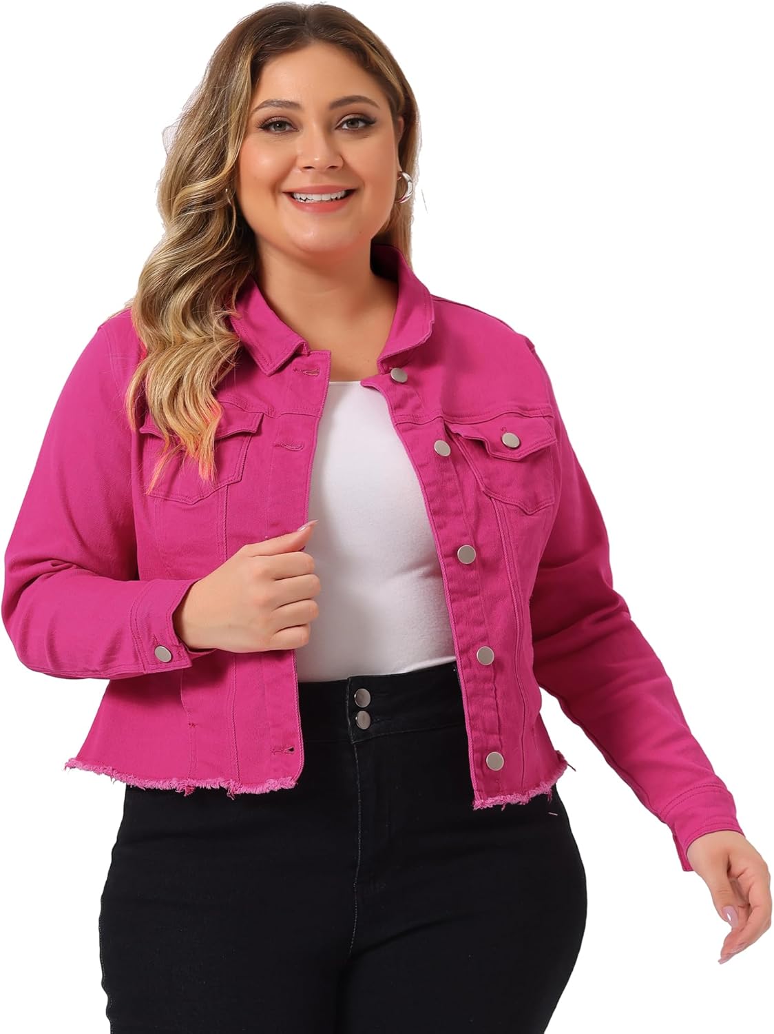 Plus Size Classic Washed Front Frayed Denim Jacket for Women