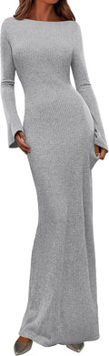Women's Fall Ribbed Knit Boat Neck Maxi Dress - Comfortable Bodycon