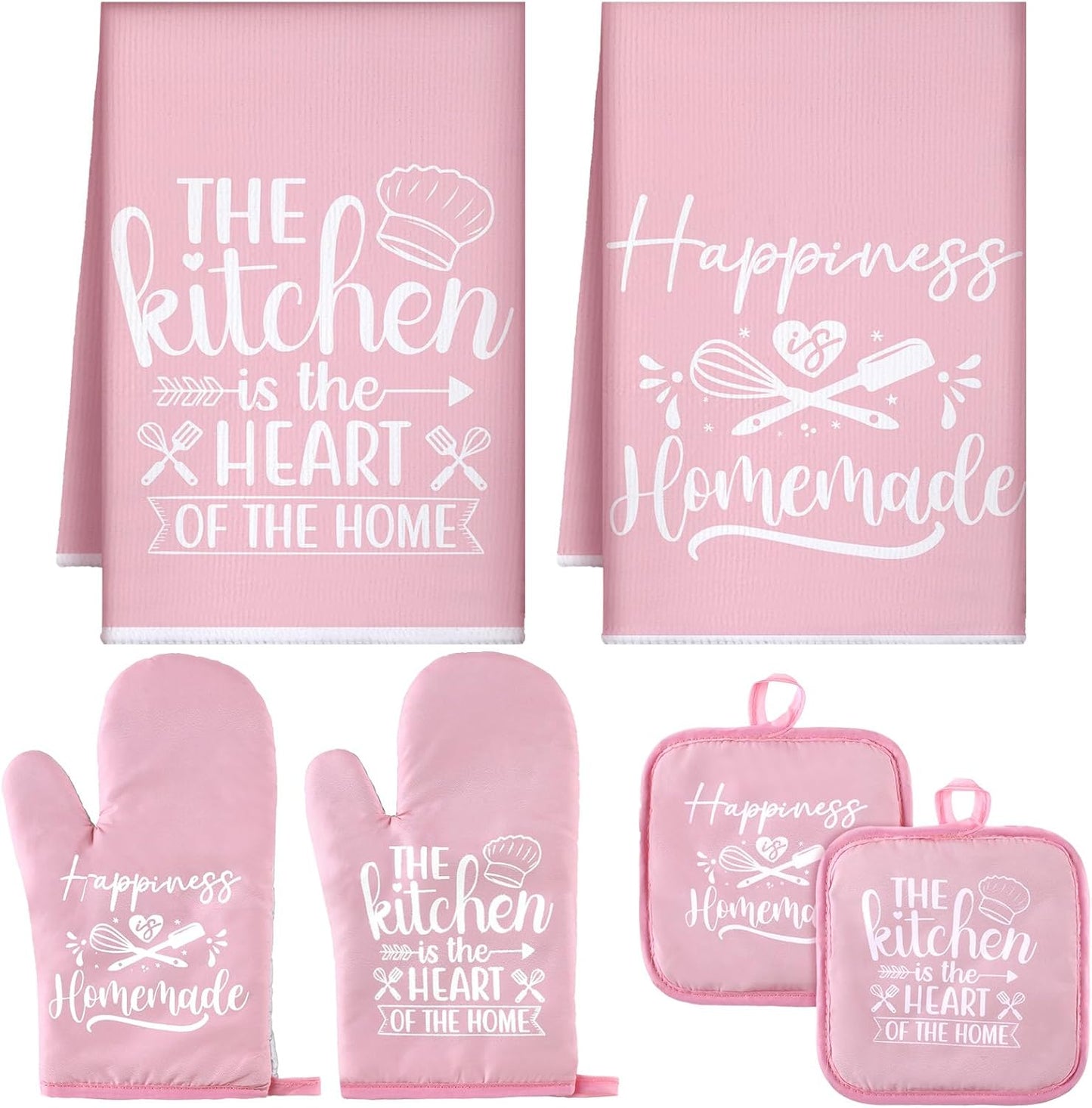 Farmhouse Kitchen Set: 6 Pcs Pink Towels & Mitts