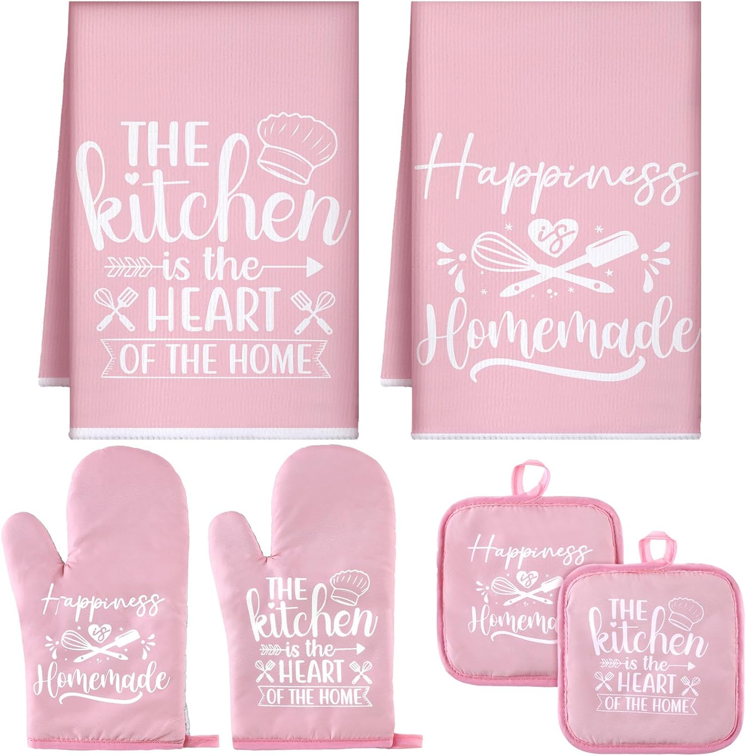 Farmhouse Kitchen Set: 6 Pcs Pink Towels & Mitts