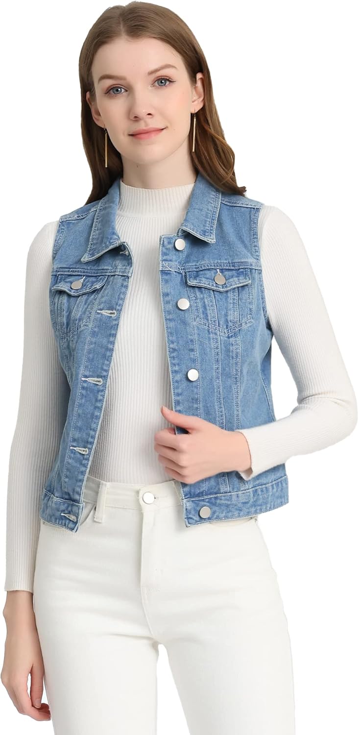 Allegra K Women's Buttoned Washed Denim Vest Jacket for Style
