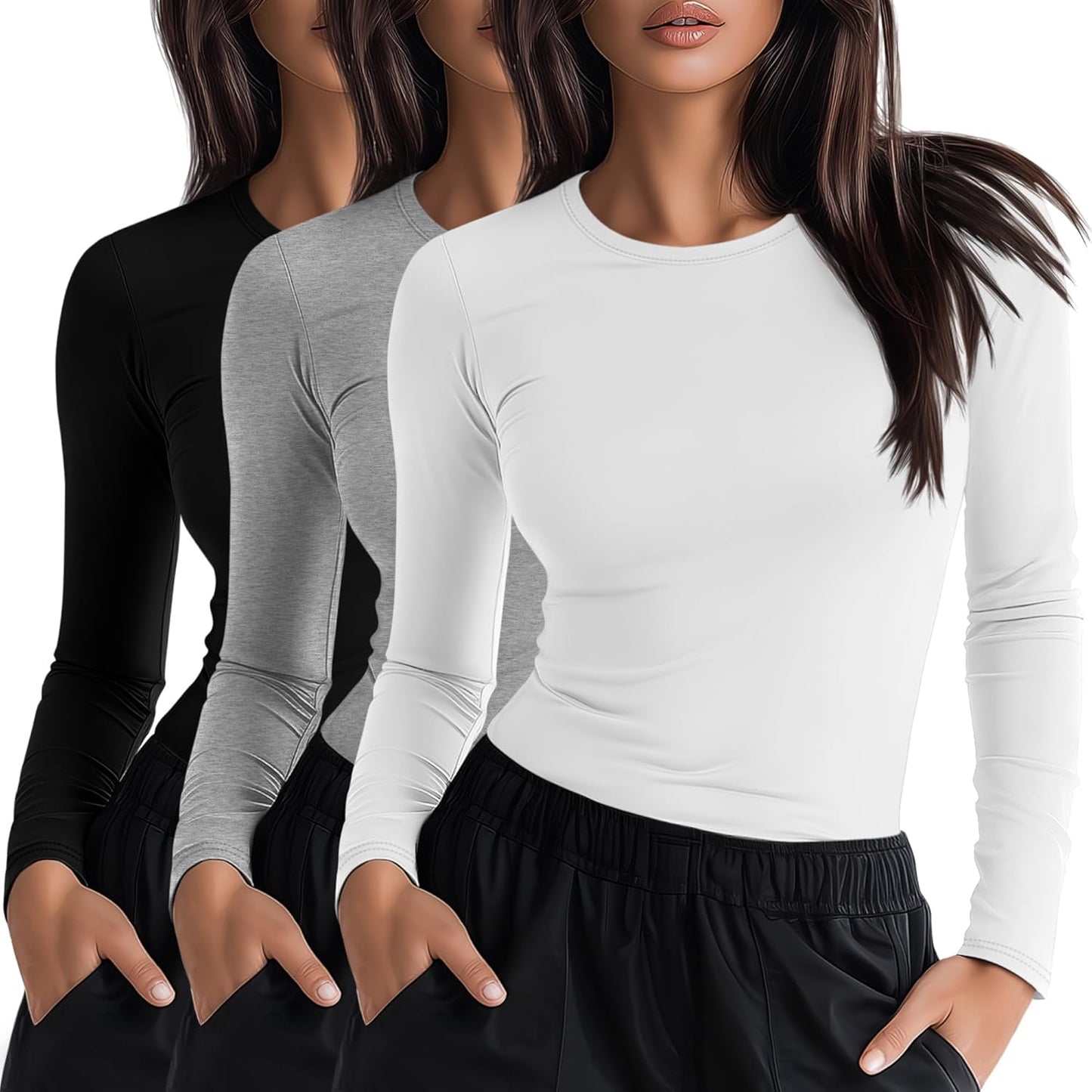 Neer 3 Pack Womens Long Sleeve Crewneck Underscrub Shirts