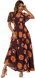 Simplee Boho Floral Maxi Dress - Flowy V Neck Short Sleeve