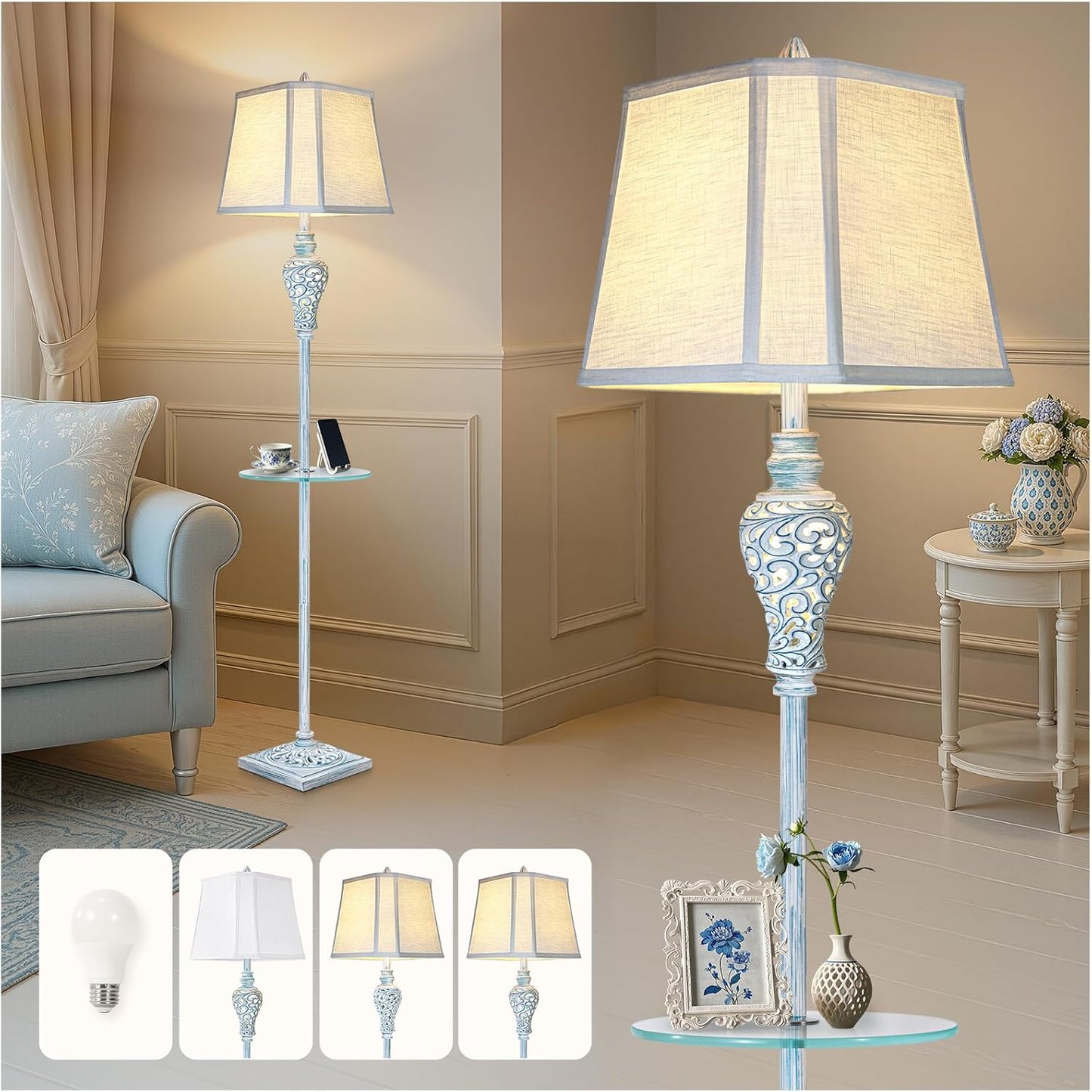 Vintage Floor Lamp with Night Light and Glass Tray for Home