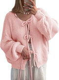 Tie Front Cardigan Sweater - Cute Bow Puff Sleeve Oversized