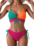 Color Block Lace Up Bikini Set - Flattering Tie Side Two-Piece