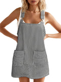 Women Casual Denim Dress Striped Overalls Romper - Adjustable Fit