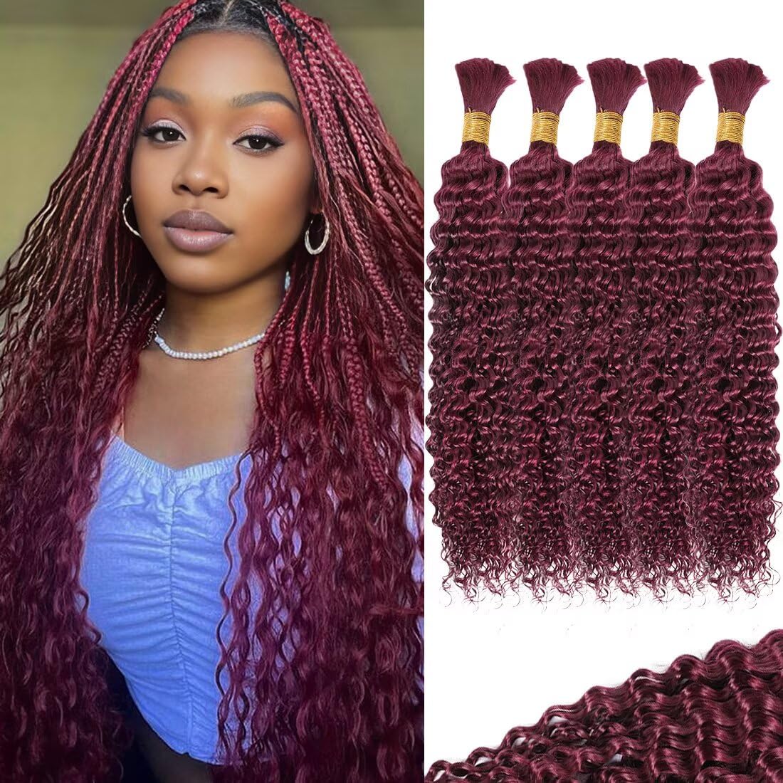 12A 99J Burgundy Red Human Braiding Hair for Boho Styles