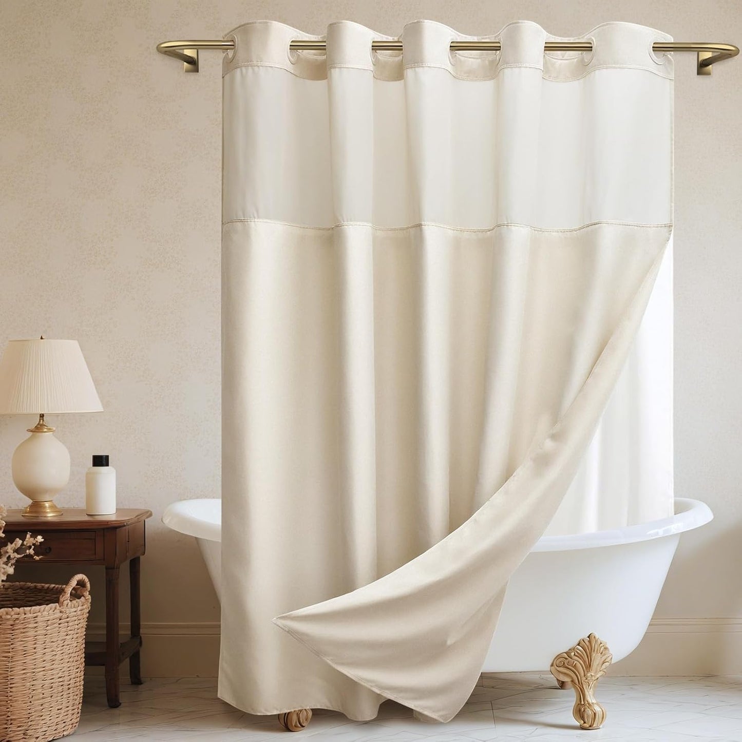 No Hooks Luxury Shower Curtain Set with Snap-in Liner for Bath
