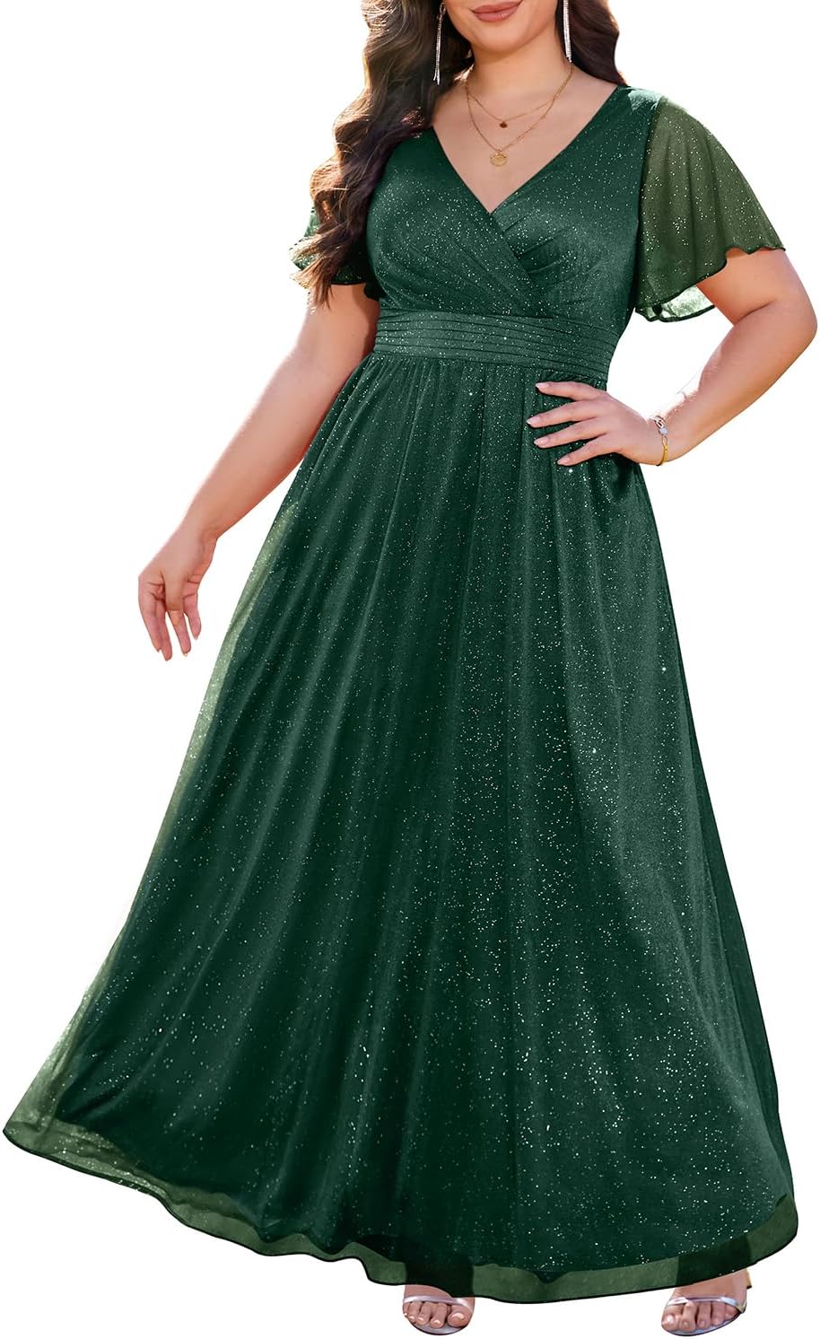 Plus Size Formal Dresses with V Neck Flutter Sleeve Design