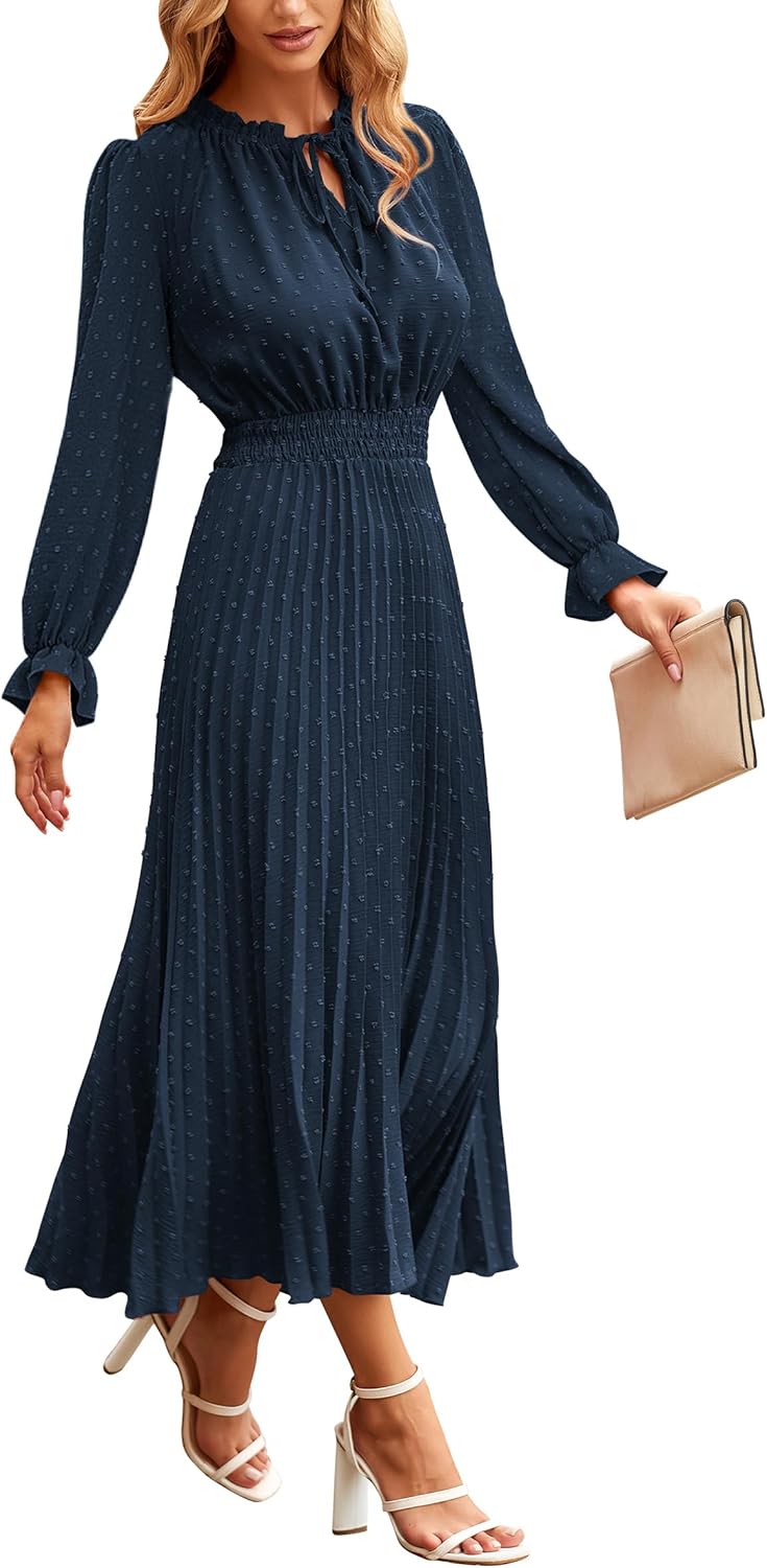 PRETTYGARDEN Women's Midi Dress: Elegant Swiss Dot Style