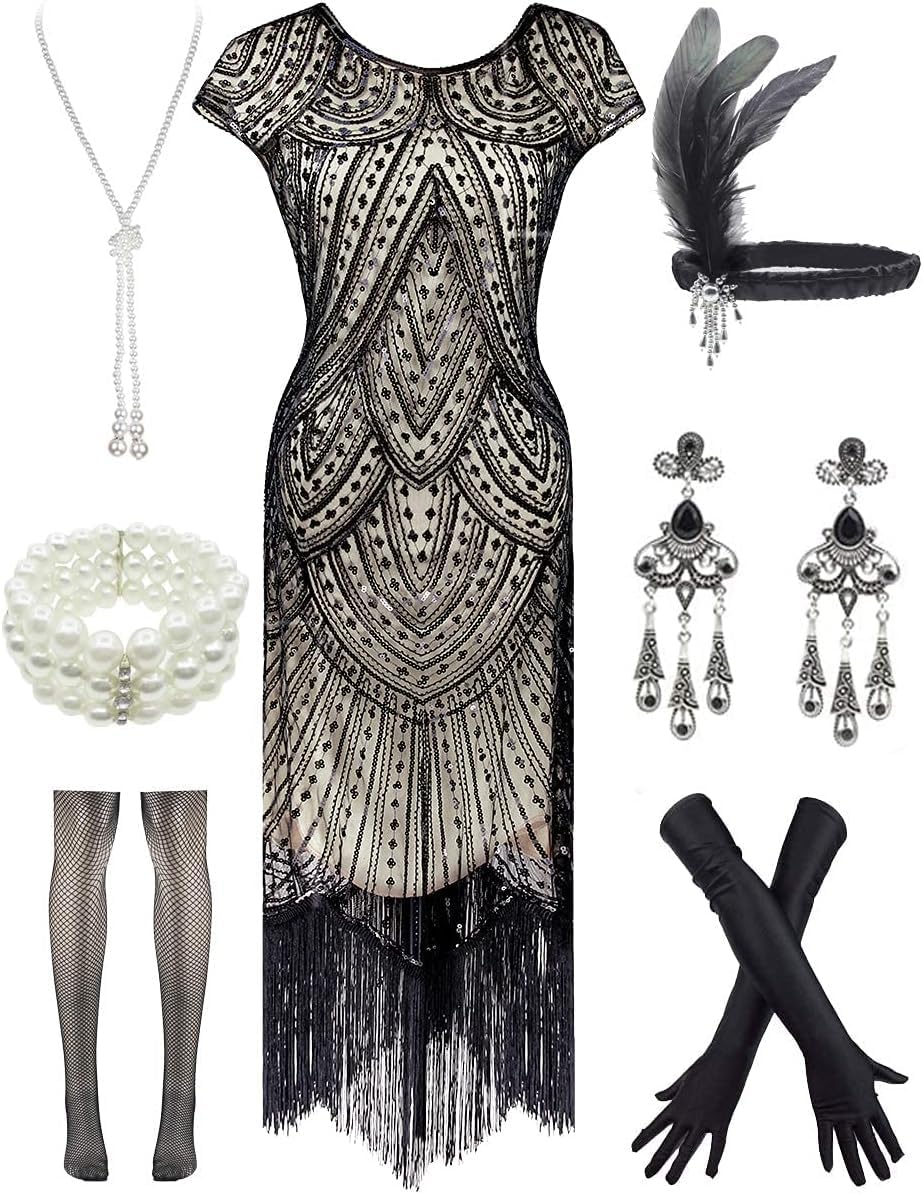 Vintage Lace Fringed Gatsby 1920s Cocktail Dress with Accessories