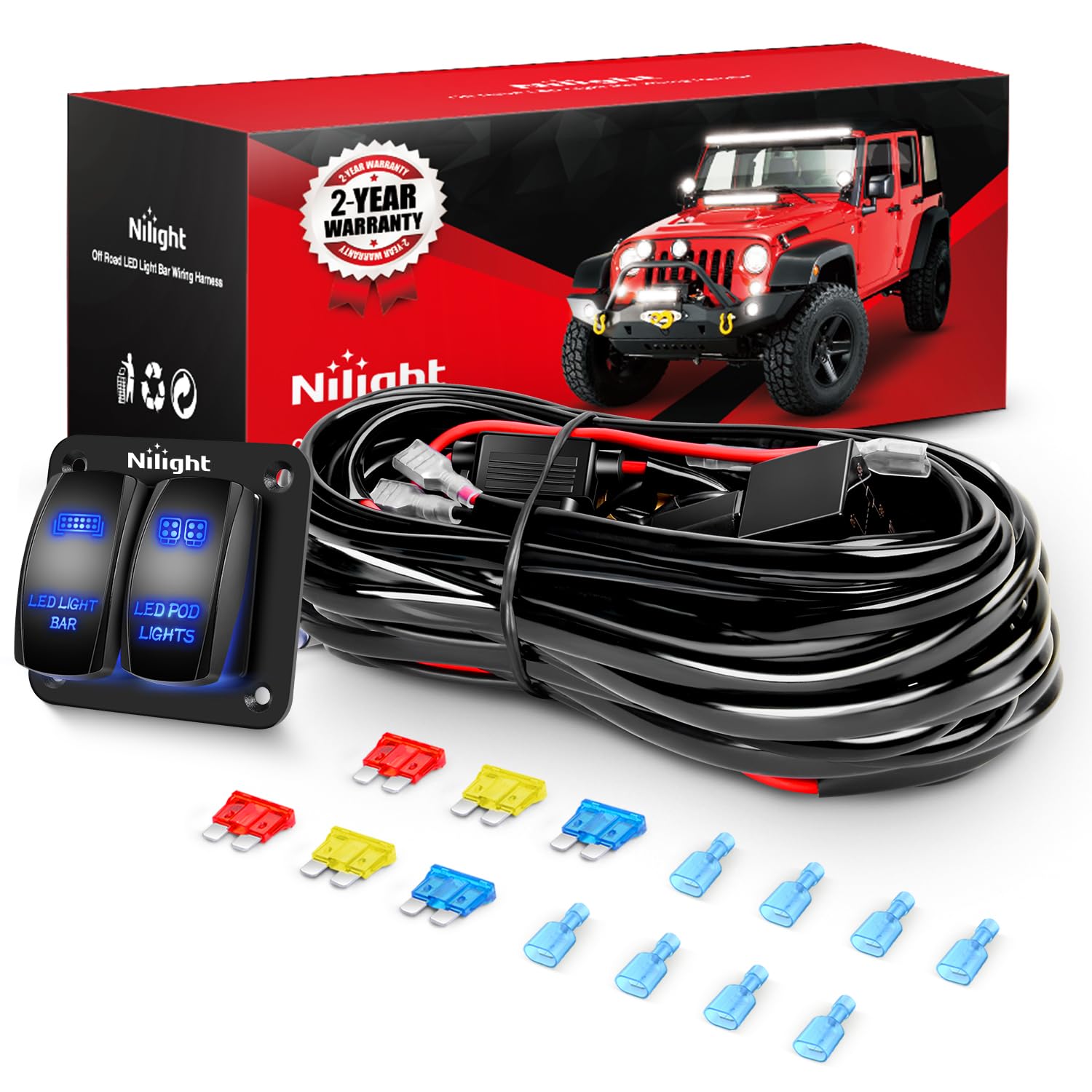 Nilight 16AWG LED Light Bar Wiring Harness Kit for Vehicles