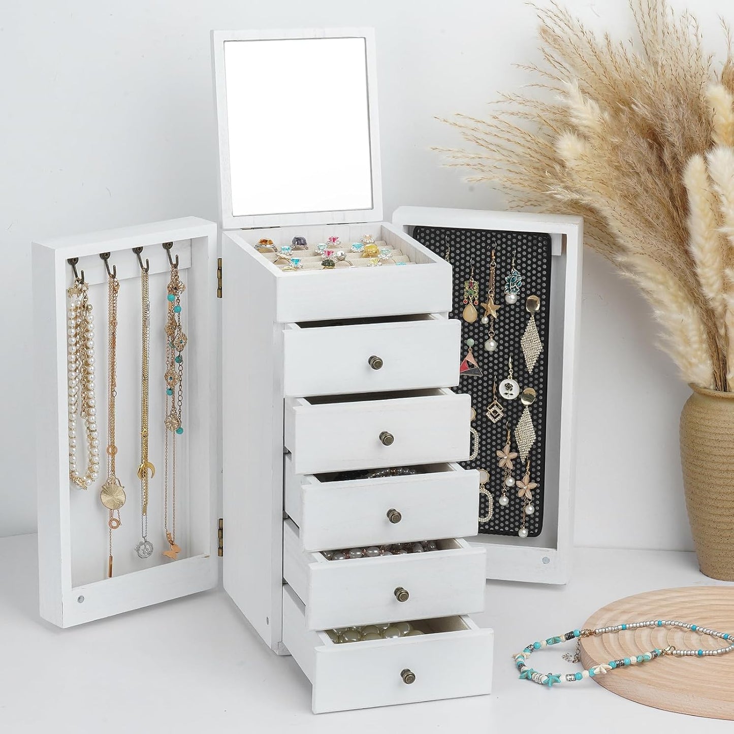 Elegant 6-Layer White Jewelry Box Organizer with Mirror & Drawers