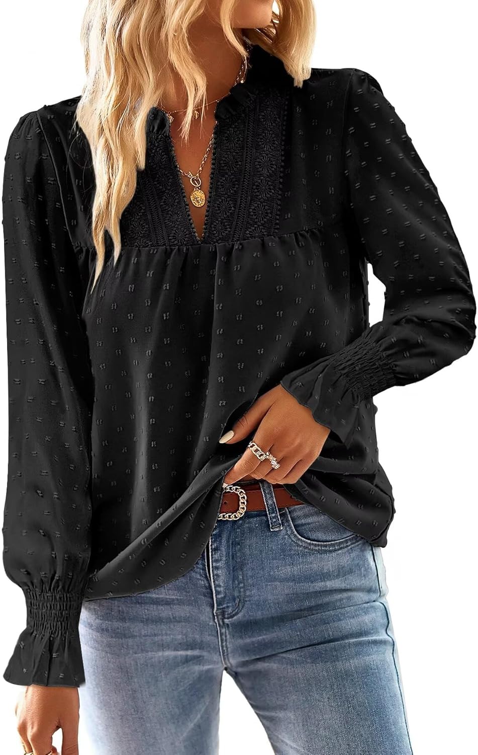 Boho Tops for Women V Neck Blouses Flowy Swiss Dot Style