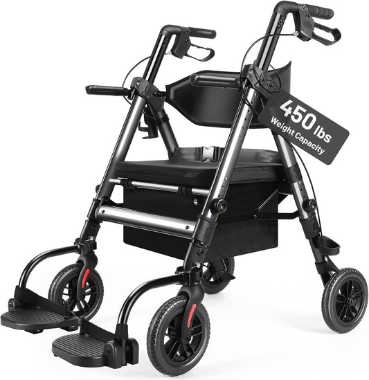 Heavy Duty Rollator Walker with Seat for Seniors - 450 lb Capacity