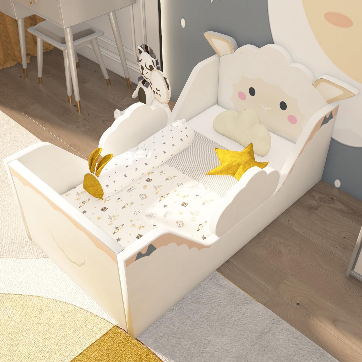 Toddler Beds with Extra Safety Board for Kids - Sheep Design