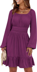 Womens Square Neck Lantern Sleeve A-Line Dress - Flowy Ruffle