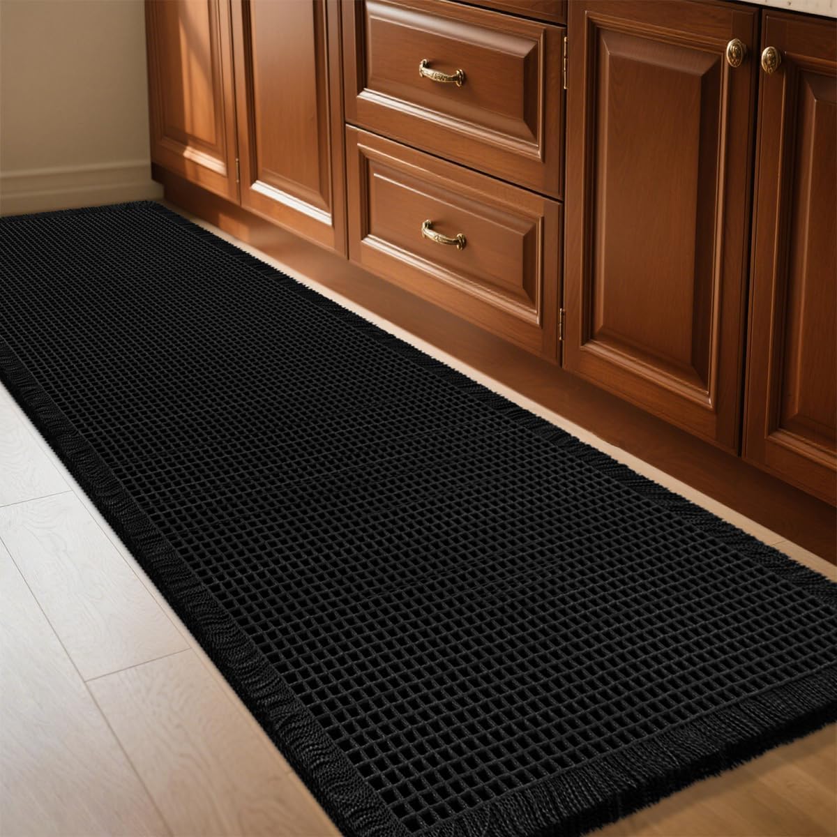 Waffle Bath Mat Black 5ftx2ft - Soft Washable Non Slip Rug