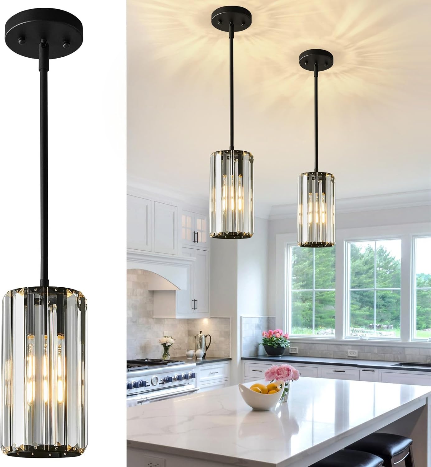 Modern Black Pendant Lighting Mini Crystal Chandeliers 2-Pack