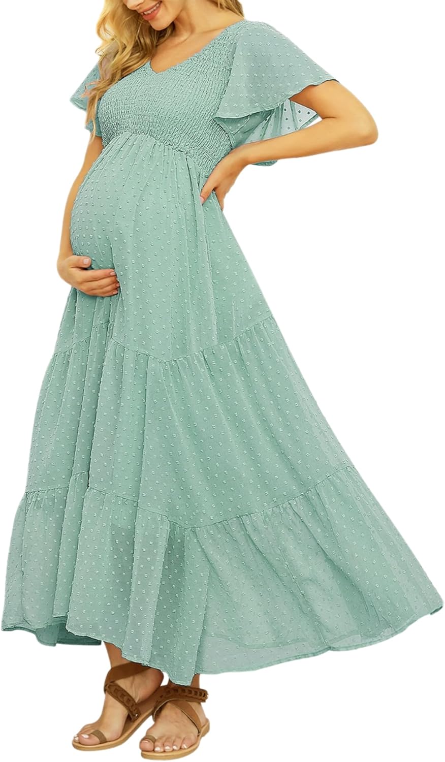 Elegant Swiss Dot Smocked Maternity Dress for Baby Showers