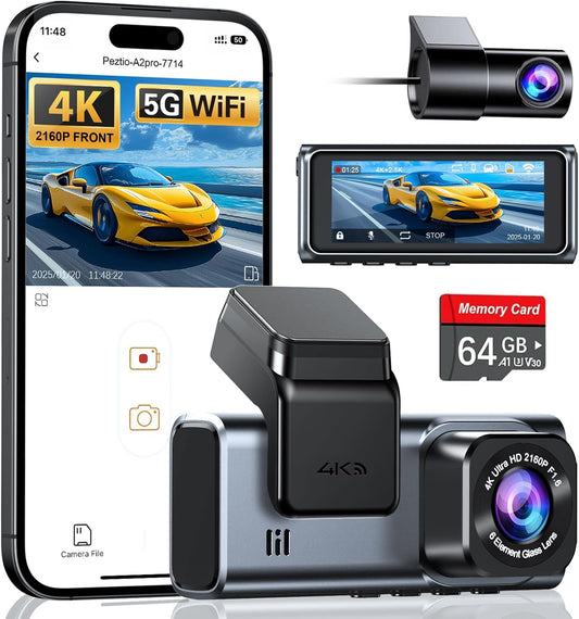 Navycrest Dual Dash Cam: 4K+2.5K Front/Rear, Built-in 5G WiFi, 64GB Card, G-Sensor