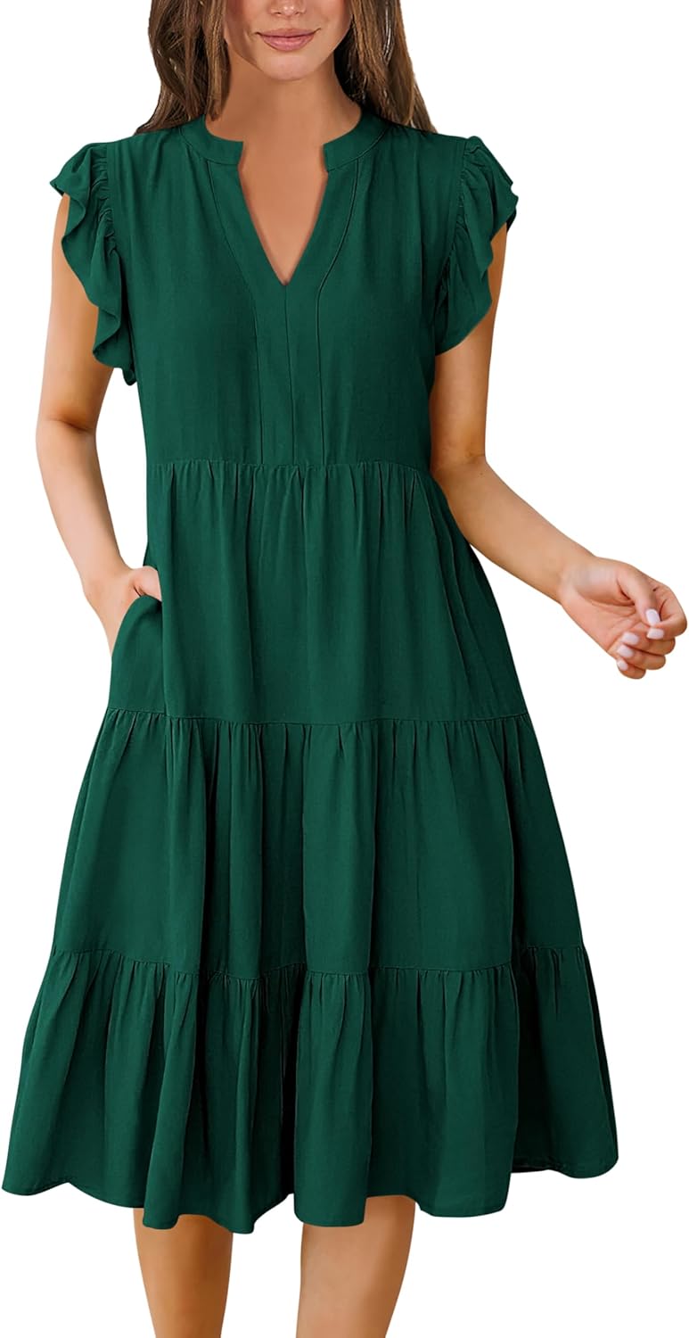 ANRABESS Womens Summer Dress V Neck Ruffle Sleeve Midi Style